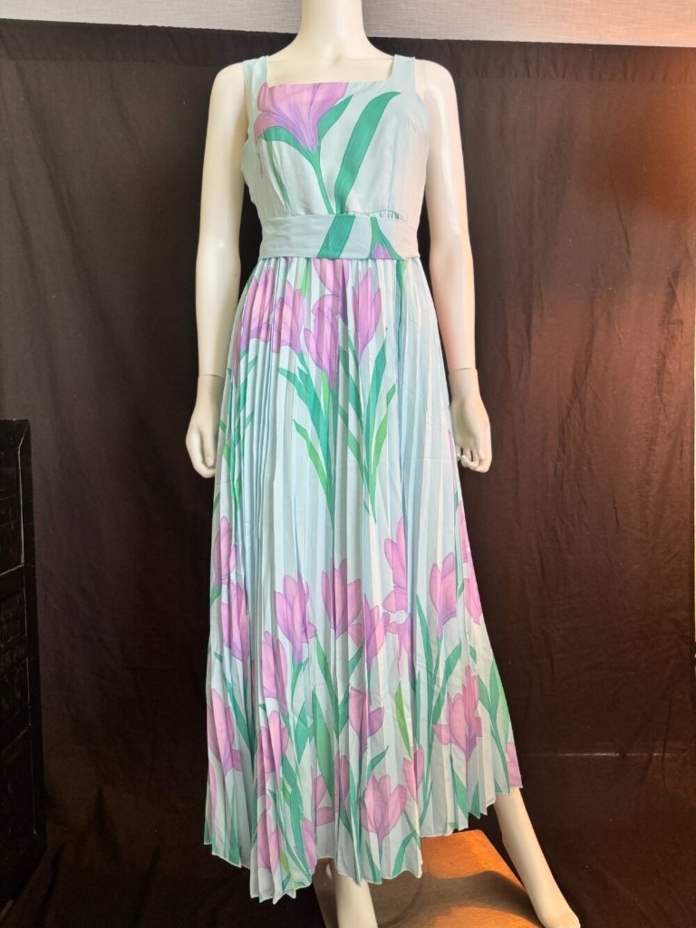 Daimaran Floral Chiffon Pleated Maxi Dress Sleeveless Square Neck Vintage Style